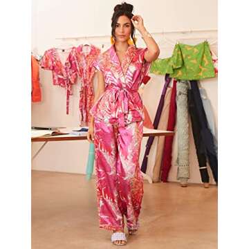 NIBHZ Women's suit Tropical Print Shawl Collar Dolman Sleeve Belted Satin Top & Pants suit for Women (Color : Multicolor, Size : Small)