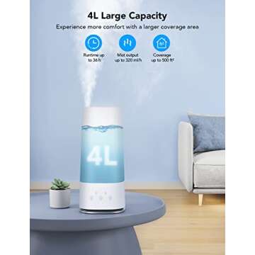 Govee 4L Smart Humidifiers for Bedroom with Hygrometer Thermometer, Top Fill Cool Mist Humidifier, WiFi Voice & Remote Control, Auto Mode, Air Humidifier for Baby and Plants, Lasts up to 36 Hours