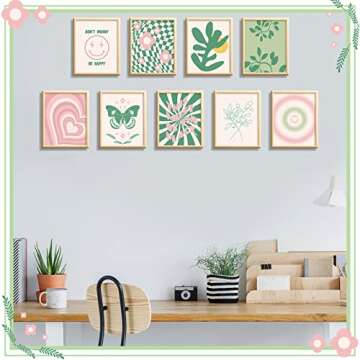 Fainne 9 Pieces Aesthetic Danish Pastel Room Decor Wall Decor Abstract Home Wall Art Decorations for Living Room Bedroom Decorations, 8 x 10 Inches Unframed (Green and Pink Style)