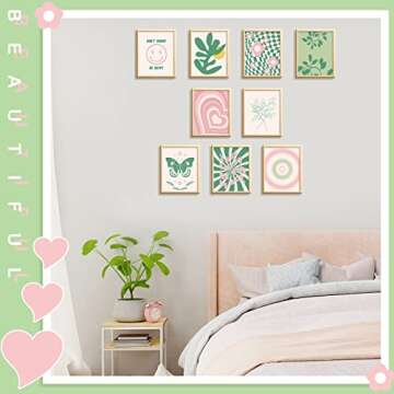 Fainne 9 Pieces Aesthetic Danish Pastel Room Decor Wall Decor Abstract Home Wall Art Decorations for Living Room Bedroom Decorations, 8 x 10 Inches Unframed (Green and Pink Style)