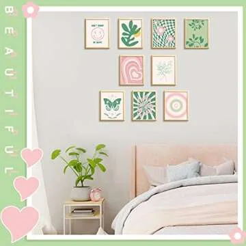 Fainne 9 Pieces Aesthetic Danish Pastel Room Decor Wall Decor Abstract Home Wall Art Decorations for Living Room Bedroom Decorations, 8 x 10 Inches Unframed (Green and Pink Style)