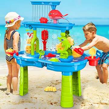 VATOS 3-Tier Sand Water Table for Toddlers Kids - 40 Pcs Outdoor Sand and Water Play Table Toys for Kids | Activity Sensory Table Summer Beach Outside Toys for Toddlers Age 3-5 Boys Girls