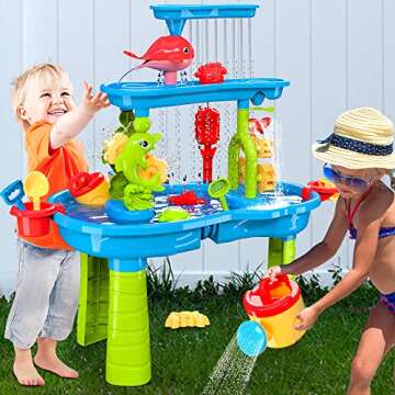 VATOS 3-Tier Sand Water Table for Toddlers Kids - 40 Pcs Outdoor Sand and Water Play Table Toys for Kids | Activity Sensory Table Summer Beach Outside Toys for Toddlers Age 3-5 Boys Girls