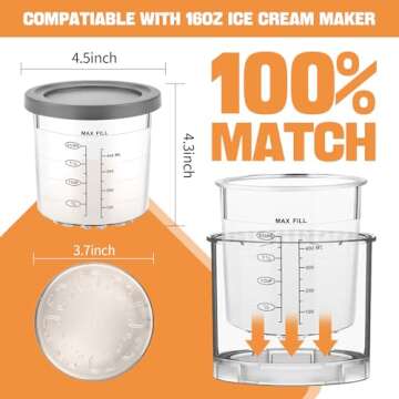 Containers Replacement for Ice Cream Maker - 4 Pack 16oz Pints and Lids, Upgraded Design with Measurement Scale, Dishwasher Safe, Pints Containers with Lids