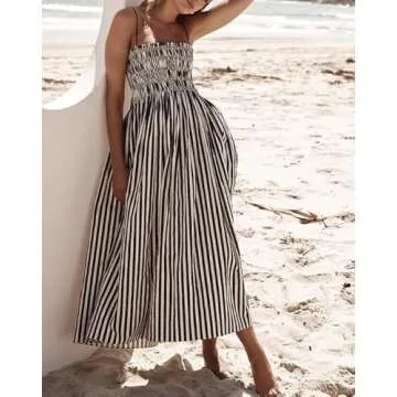 KMBANGI Women Striped Sleeveless Maxi Dress Swing Cutout Midi Dress Backless Smocked Spaghetti Strap Boho Flowy Long Sundress(Cami Stripes,S)