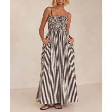 KMBANGI Women Striped Sleeveless Maxi Dress Swing Cutout Midi Dress Backless Smocked Spaghetti Strap Boho Flowy Long Sundress(Cami Stripes,S)