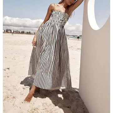 KMBANGI Women Striped Sleeveless Maxi Dress Swing Cutout Midi Dress Backless Smocked Spaghetti Strap Boho Flowy Long Sundress(Cami Stripes,S)