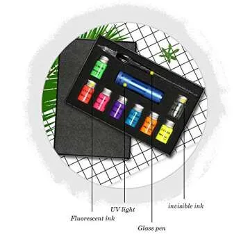 ESSSHOP Glass Dipped Pen Calligraphy Set - 7 Colorful Inks with Fluorescent & Invisible Ink Dip Pen Kit for Writing Signing Drawing Calligraphy Decoration Christmas Day Gifts for Kids