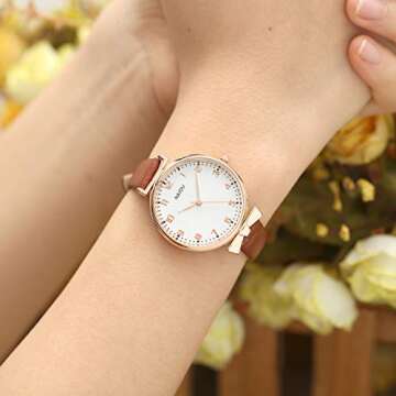 Top Plaza Womens Ladies Classic Simple Leather Analog Quartz Wrist Watch Rose Gold Case Arabic Numerals Casual Dress Watches(Brown)