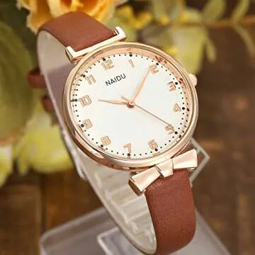 Top Plaza Womens Ladies Classic Simple Leather Analog Quartz Wrist Watch Rose Gold Case Arabic Numerals Casual Dress Watches(Brown)