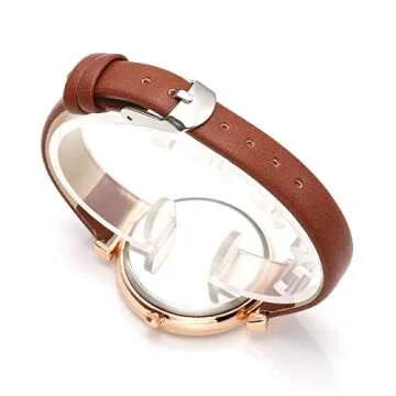 Top Plaza Womens Ladies Classic Simple Leather Analog Quartz Wrist Watch Rose Gold Case Arabic Numerals Casual Dress Watches(Brown)
