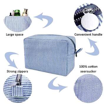 GFU Makeup Bag for Women, Cute Cosmetic Bag, Lightweight Toiletry Make up Bag, Large Seersucker Aesthetic Organizer Storage Pouch for Girls, Women and Moms Gifts, Blue