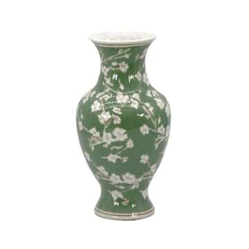 Galt International Floral Chinoiserie Ceramic Vase 14" - Green Sakura Hand Painted Antique Style Por...