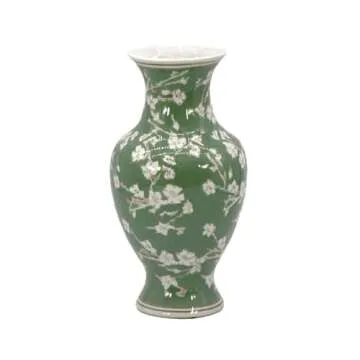 Galt International Floral Chinoiserie Ceramic Vase 14" - Green Sakura Hand Painted Antique Style Por...
