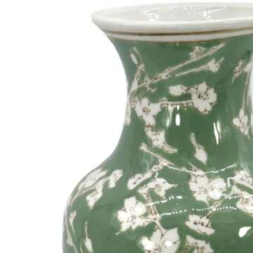 Galt International Floral Chinoiserie Ceramic Vase 14" - Green Sakura Hand Painted Antique Style Porcelain Flower Bottle Fishtail Porcelain Chinese Vase for Home Decor Centerpiece