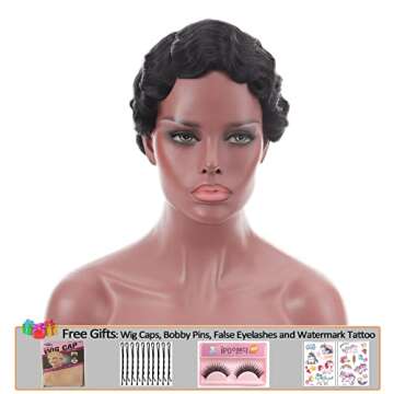 Bybrana Hair Short Finger Wavy Wig Curly Black Cute Nuna Wig Real Retro African Black Wigs for Women...