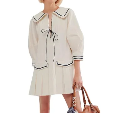 ICOBID Women Cute Bow Tie Up Open Front Mini Dress Lapel Contrast Binding 3/4 Sleeve Mini Dress Pleated A line Dresses White