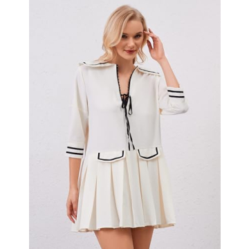 ICOBID Women Cute Bow Tie Up Open Front Mini Dress Lapel Contrast Binding 3/4 Sleeve Mini Dress Pleated A line Dresses White