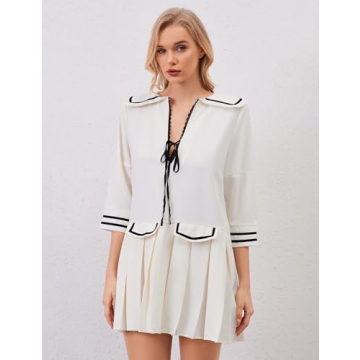 ICOBID Women Cute Bow Tie Up Open Front Mini Dress Lapel Contrast Binding 3/4 Sleeve Mini Dress Pleated A line Dresses White