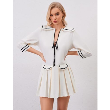 ICOBID Women Cute Bow Tie Up Open Front Mini Dress Lapel Contrast Binding 3/4 Sleeve Mini Dress Pleated A line Dresses White
