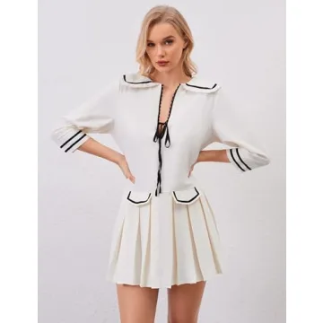 ICOBID Women Cute Bow Tie Up Open Front Mini Dress Lapel Contrast Binding 3/4 Sleeve Mini Dress Pleated A line Dresses White