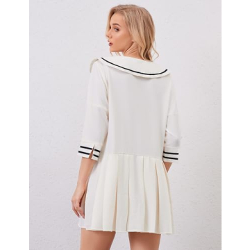ICOBID Women Cute Bow Tie Up Open Front Mini Dress Lapel Contrast Binding 3/4 Sleeve Mini Dress Pleated A line Dresses White