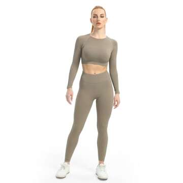 VALANDY Women's Gym Sets 2 Piece Workout Cute Seamless Yoga Leggings Ribbed Crop Top Long Sleeve Act...