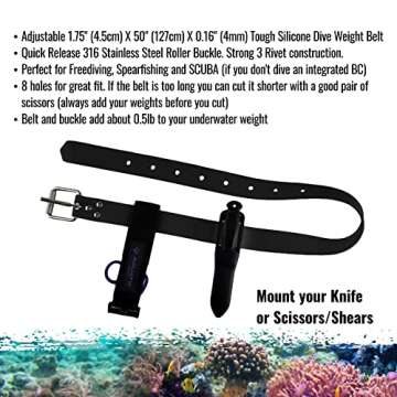 Aquatic Hunt - 50" (1.27M) Black Silicone Dive Weight Belt with 316 Stainless Steel Roller Buckle