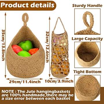 Xuhal 4 Pcs Hanging Basket, Jute Hanging Baskets for Kitchen, Boho Onion Wall Basket, Handwoven Fruit Potato Garlic Storage Home Vegetable Holder(Classic Style,Khaki)