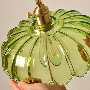 Debbte Industrial Vintage Pendant Lighting Fixture Glass Lotus Lamp Shade Farmhouse Pendant Light Chandelier E27 Brass Finish Ceiling Hanging Lamp (Green)