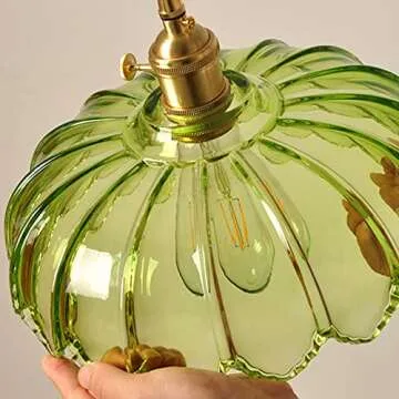 Debbte Industrial Vintage Pendant Lighting Fixture Glass Lotus Lamp Shade Farmhouse Pendant Light Chandelier E27 Brass Finish Ceiling Hanging Lamp (Green)