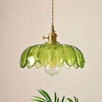 Debbte Industrial Vintage Pendant Lighting Fixture Glass Lotus Lamp Shade Farmhouse Pendant Light Chandelier E27 Brass Finish Ceiling Hanging Lamp (Green)
