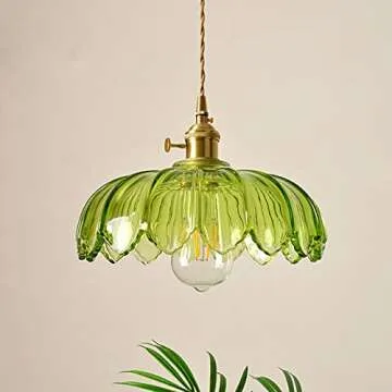 Debbte Industrial Vintage Pendant Lighting Fixture Glass Lotus Lamp Shade Farmhouse Pendant Light Chandelier E27 Brass Finish Ceiling Hanging Lamp (Green)