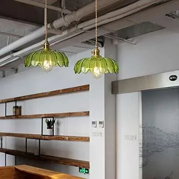 Debbte Industrial Vintage Pendant Lighting Fixture Glass Lotus Lamp Shade Farmhouse Pendant Light Chandelier E27 Brass Finish Ceiling Hanging Lamp (Green)