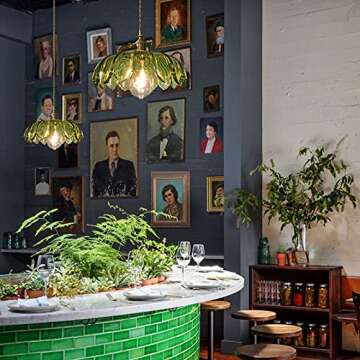 Debbte Industrial Vintage Pendant Lighting Fixture Glass Lotus Lamp Shade Farmhouse Pendant Light Chandelier E27 Brass Finish Ceiling Hanging Lamp (Green)