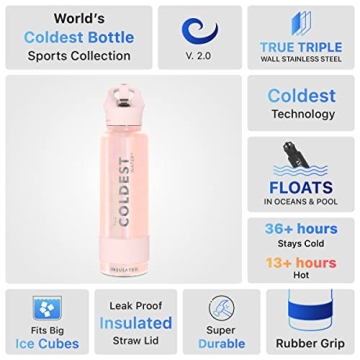 Coldest Sports Water Bottle with Straw Lid Vacuum Insulated Stainless Steel Metal Thermos Bottles Reusable Leak Proof Flask for Sports Gym (40 oz, Forever Pink Glitter)