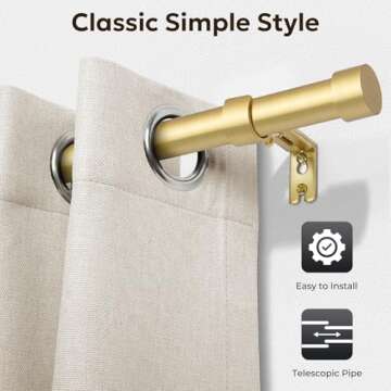 Zeerobee Curtain Rods for Windows 32 to 144, 1 Inch Heavy Duty Drapery Rods with Adjustable Length, Outdoor Modern Curtain Pole with Simple End Caps, 32"-144", Brushed Gold
