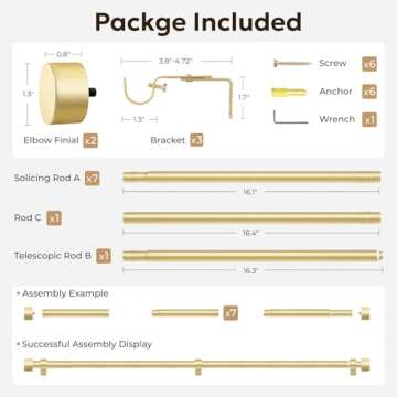 Zeerobee Curtain Rods for Windows 32 to 144, 1 Inch Heavy Duty Drapery Rods with Adjustable Length, Outdoor Modern Curtain Pole with Simple End Caps, 32"-144", Brushed Gold