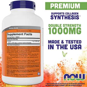 Now Foods L-Lysine 1000mg Double Strength - 300 Tablets - Non-GMO and Vegan Amino Acid Supplement