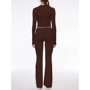 AnotherChill Women's 2 Piece Lounge Sets Fold-over Flare Pants Set Long Sleeve Cropped Top Casual Ou...