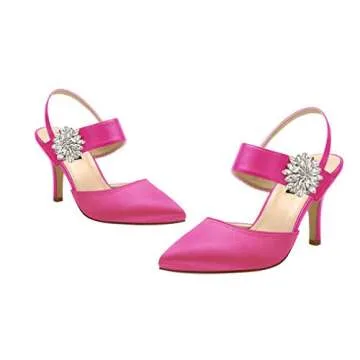 ERIJUNOR E0064 Mid Heel Shoes for Women Pointed Toe Slingback Rhinestone Brooch Satin Dress Pumps Ev...
