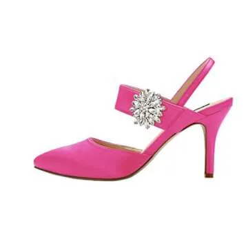 ERIJUNOR E0064 Mid Heel Shoes for Women Pointed Toe Slingback Rhinestone Brooch Satin Dress Pumps Evening Prom Wedding Shoes Hot Pink Size 9
