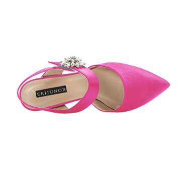 ERIJUNOR E0064 Mid Heel Shoes for Women Pointed Toe Slingback Rhinestone Brooch Satin Dress Pumps Evening Prom Wedding Shoes Hot Pink Size 9