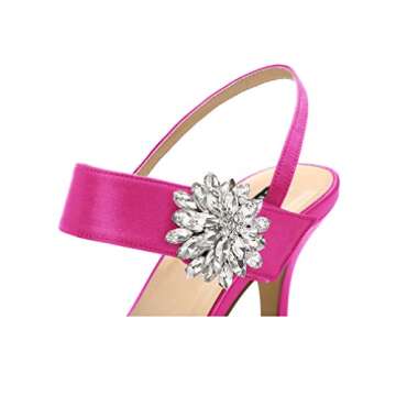 ERIJUNOR E0064 Mid Heel Shoes for Women Pointed Toe Slingback Rhinestone Brooch Satin Dress Pumps Evening Prom Wedding Shoes Hot Pink Size 9