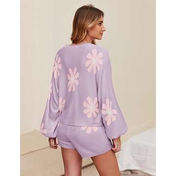 Ekouaer Knit Pajamas Set for Women Lounge Sets 2 Piece Long Sleeve Top and Shorts Pj Soft Sleepwear Cute Sweater Outfits Floral Purple S