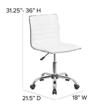 Flash Furniture Alan Low-Back Ribbed Upholstered Vinyl Swivel Desk Chair with Padded Seat, Modern Adjustable Height Padded Office Chair, White