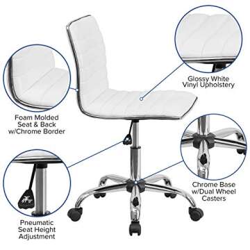 Flash Furniture Alan Low-Back Ribbed Upholstered Vinyl Swivel Desk Chair with Padded Seat, Modern Adjustable Height Padded Office Chair, White