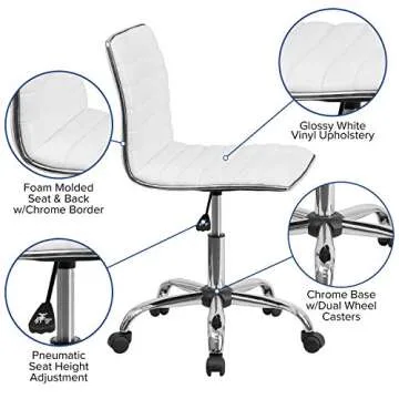Flash Furniture Alan Low-Back Ribbed Upholstered Vinyl Swivel Desk Chair with Padded Seat, Modern Adjustable Height Padded Office Chair, White