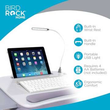 Sofia + Sam Multi-Tasking Lap Desk with Memory Foam Cushion - Tablet Slot, Phone Slot, USB Light, Built-in Handle & Wrist Rest, Fits Laptops Up to 15" - Home Office Solution - Silver