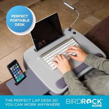 Sofia + Sam Multi-Tasking Lap Desk with Memory Foam Cushion - Tablet Slot, Phone Slot, USB Light, Built-in Handle & Wrist Rest, Fits Laptops Up to 15" - Home Office Solution - Silver